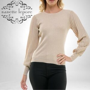 Nanette Lepore Shimmer Knit Pleated Puff Balloon Sleeves Sweater Top Crewneck XL